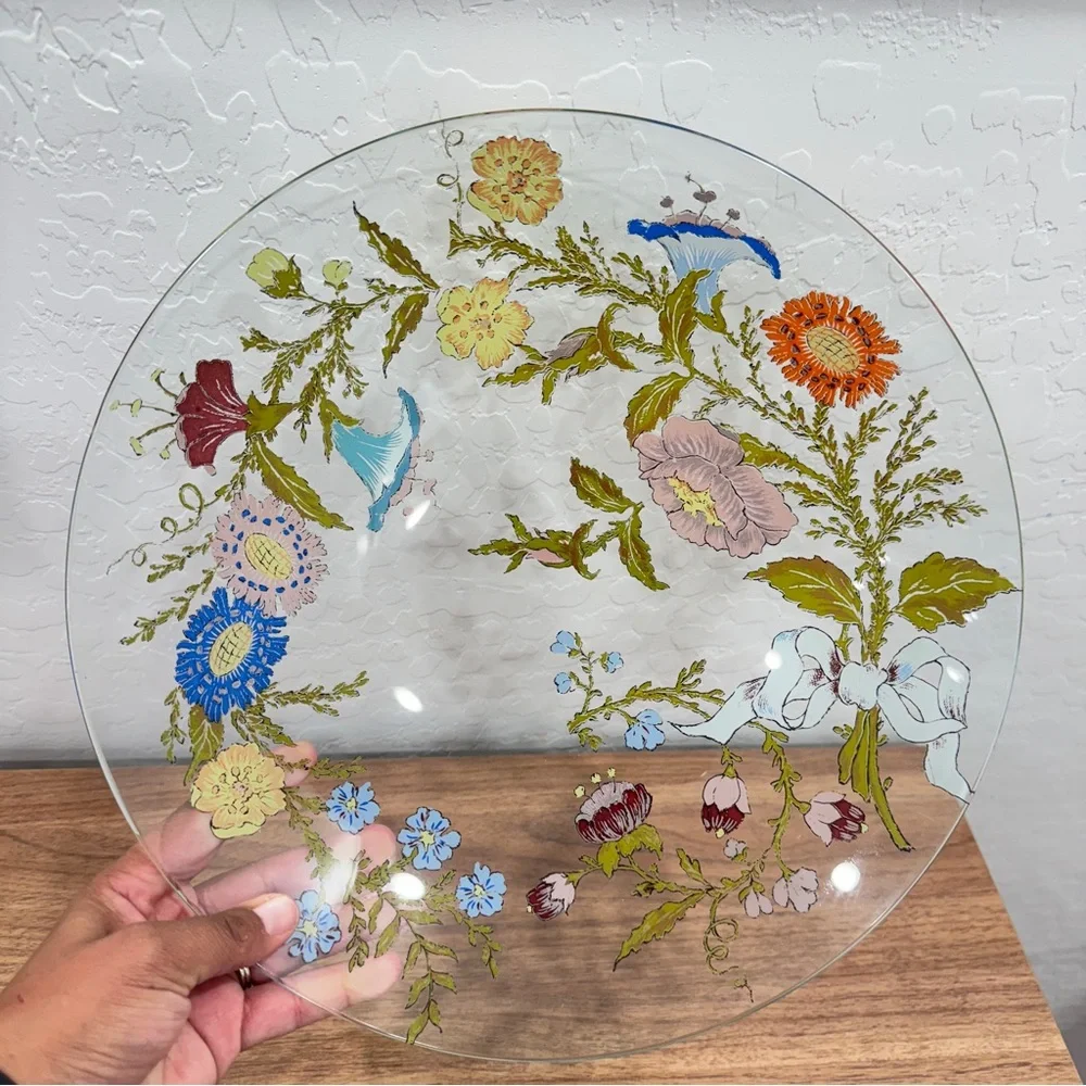 Vintage Dorothy Thorpe Hand-Painted Floral Glass Accent Bowl Platter